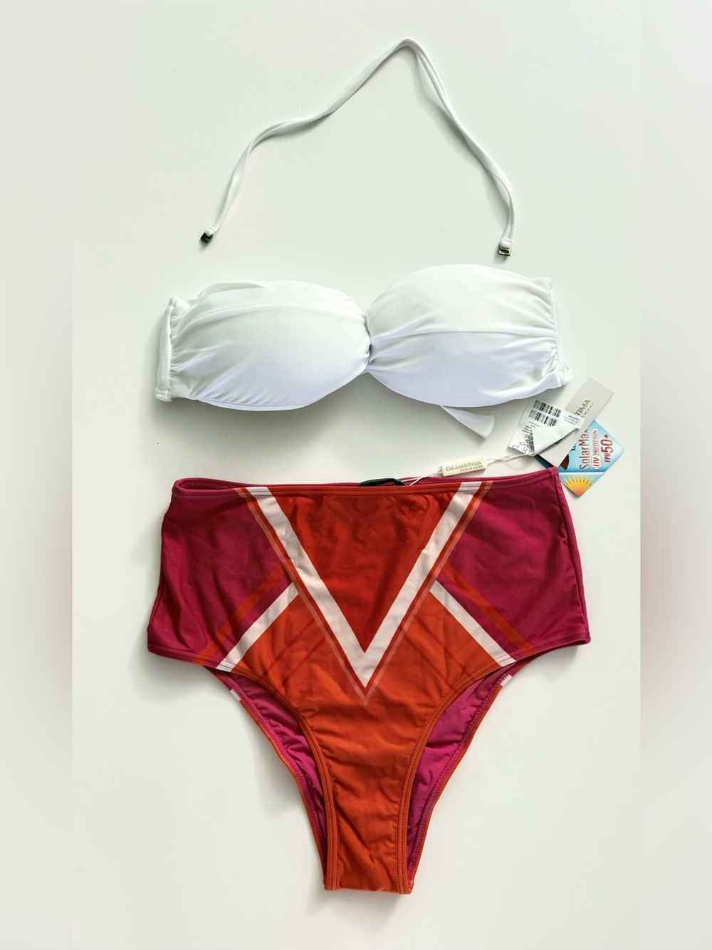 Cia Marítima Bikini set - White Bandeau top & Red-Pink High Waist bottom